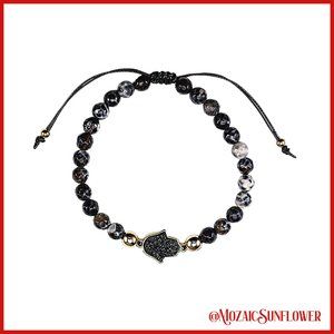 2 FOR $18  Black White Agate Adjustable Druzy Hamsa Hand of Fatima Filigree Back